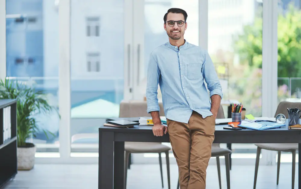 Professional wearing smart casual tailored clothing in a hybrid work environment